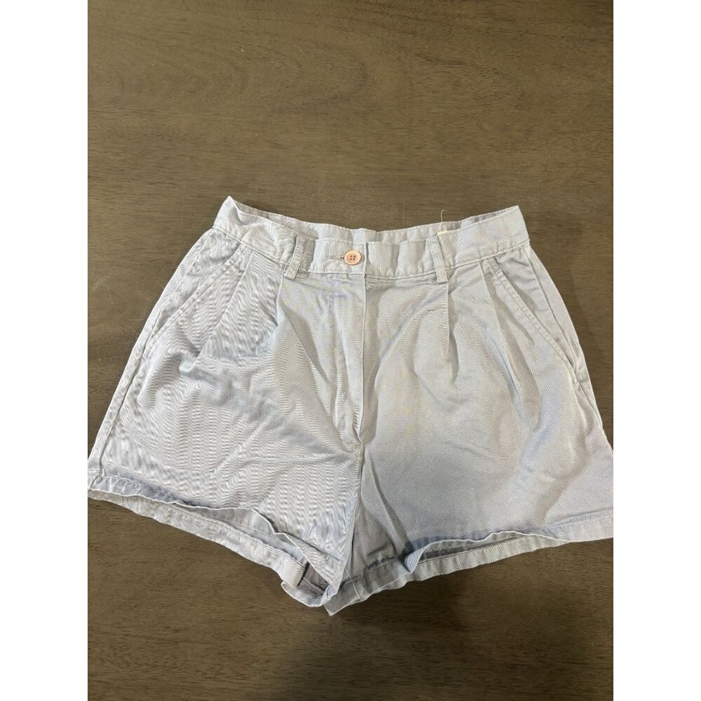 Vintage Style Light Blue Pleated High-Waisted Cotton Shorts